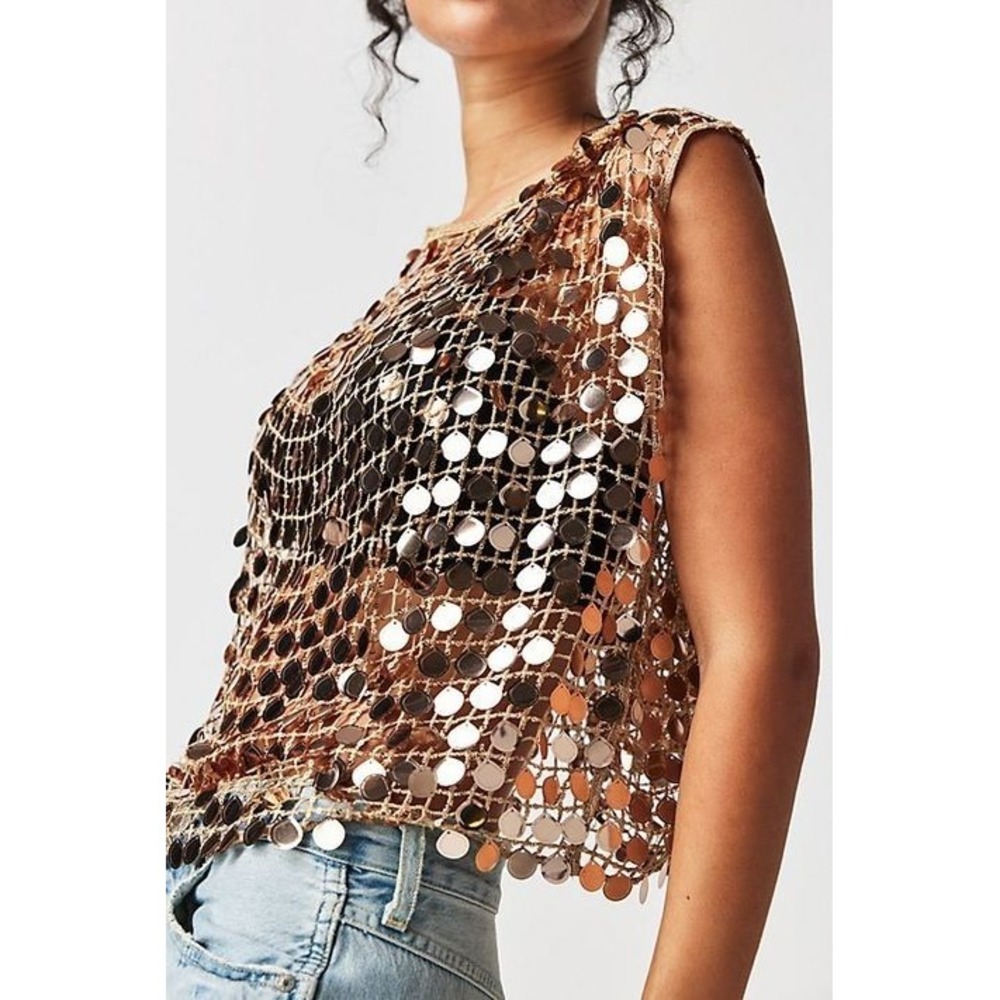 Free People Gold Sequin Vee Tank Top Sleeveless Mesh Party Cocktail Small S